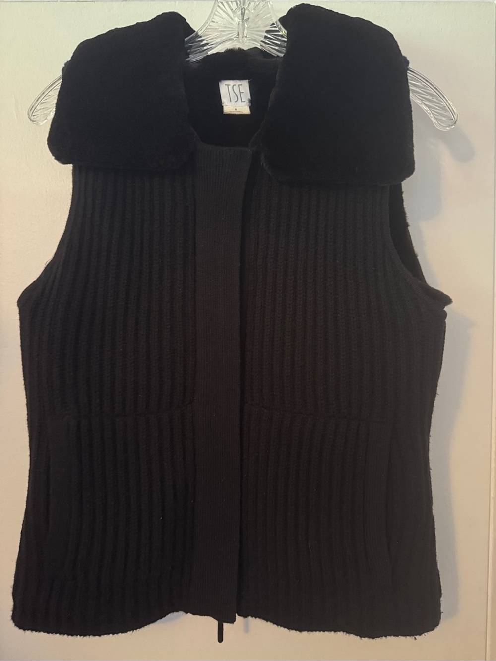 TSE Black Ribbed Knit Vest with Plush Collar